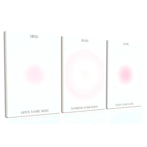 KISSFOX 3 Piece Canvas Wall Art Pink Wall Decor Aura Framed Art Mind Body Soul Pictures Trendy Aesthetic Preppy Paintings For Apartment Dorm Women Girls Bedroom