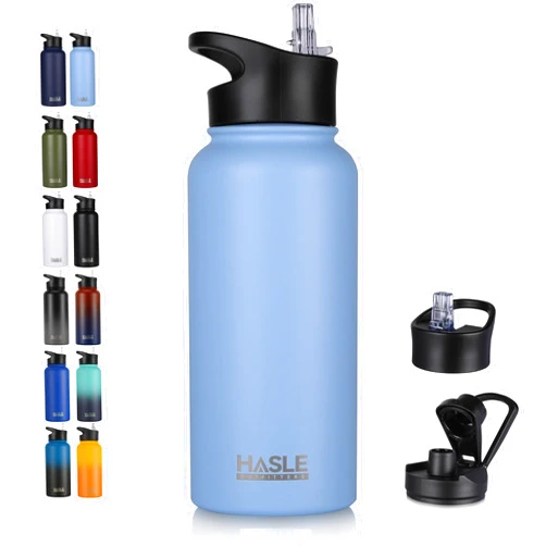HASLE OUTFITTERS 32 oz Insulated Water Bottle Stainless Steel Double Walled Vacuum Sports Water Bottle with 2 Lids (Straw and Spout Lid) for Gym Camping Hiking（Blue,1)