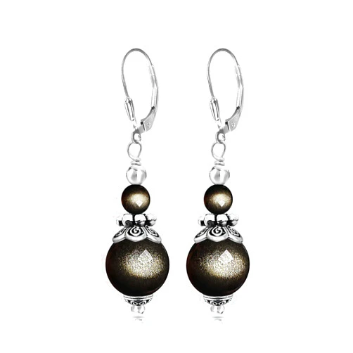 HQFJW Natural Black Obsidian Stone Bead Drop Earrings,Antique Retro Dainty Two-Stones Gemstone Dangle Earrings,Quartz Crystal Boho Bohemian Earrings for Women (A02_Black Obsidian)