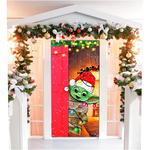 Tezivvo Funny Christmas Door Cover Cute Baby Yo-da Christmas Door Sign Banner Star Funny Wars Merry Christmas Door Decoration Santa Yo-da Christmas Backdrop for Door Wall Window 6.6 x 3 ft