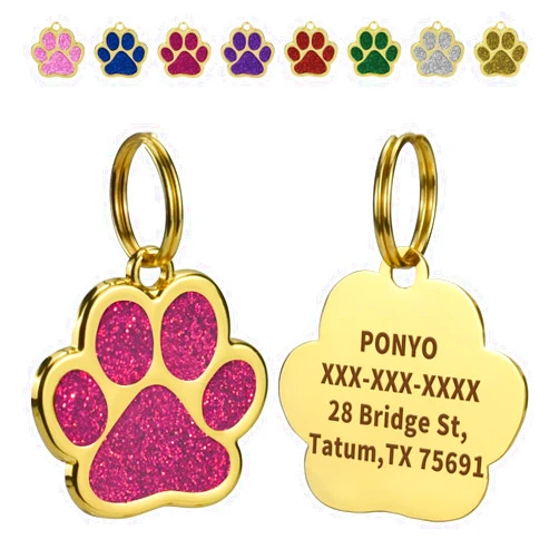 Olodeer Personalized Pet ID Tags for Dogs and Cats, Custom Laser Engraved Pet Information, Clear and Easy to Read, Alloy Steel Cute Paw Shaped Dog ID Tag.(Hot Pink)