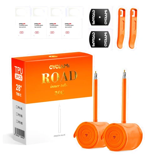 CYCLAMI 2-Pack CYCLAMI 700C x 18-32C / 32-47C (ALLRoad & Gravel) / MTB27.5/29 inch x 1.9-2.5 TPU Inner Tubes with 45mm/65mm/85mm Presta Valves Lightweight (Include Bike Tube Patch Repair Kit)