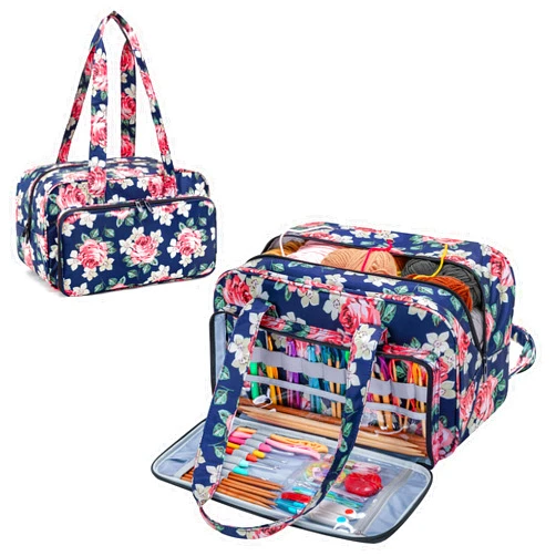 Teamoy Knitting Tote Bag, Large Yarn Storage Organizer Travel Crochet Bag, Yarn Storage Tote Bag Yarn Holder Case for Knitting Needles, Crochet Hook, Projects and Other Accessories, Blue Peony