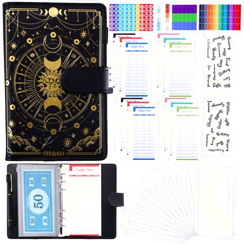 Colarr 32 Pcs Budget Binder A6 Money Organizer Budget Binder with Zipper Envelope Budget Planner for Cash Budget Money Bill Organizer Expense Budget Sheet for Budgeting Saving Money(Sun and Moon)