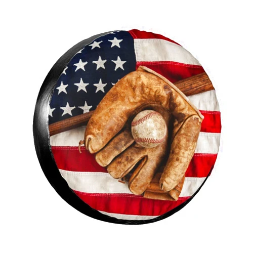 DIBGVNL Spare Tire Cover Vintage Baseball on American Flag Tire Covers Weatherproof Camper Wheel Protectors Universal Tyre Covers Fit for Rv Truck SUV Travel Trailer 15 Inch