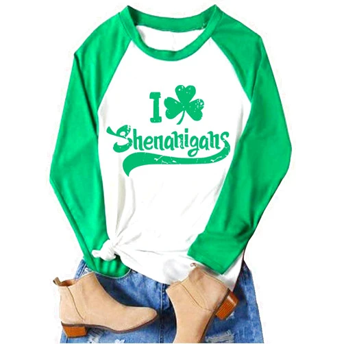 CHICFLORAL Women St. Patrick's Day Long Sleeve Raglan T-Shirt I Love Shenanigans Shamrock Graphic Splicing Tees Shirt Tops