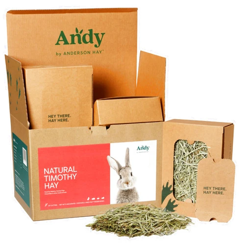 Andy by Anderson Hay Andy 1st Cut Timothy Hay Andy-Pak Feeder Boxes, 6 Pack 1.5 Lb Boxes, Premium Rabbit Food Hay for Rabbits, Chinchillas, and Guinea Pigs