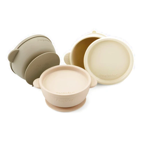 PandaEar 3 Pack Baby Bowls with Suction| Leak-Proof Stay Put Silicone Food Bowl with Lids for Babies Kids Toddlers Infants| Food Grade Soft Safe BPA-Free Silicone (Linen Brown Tan)