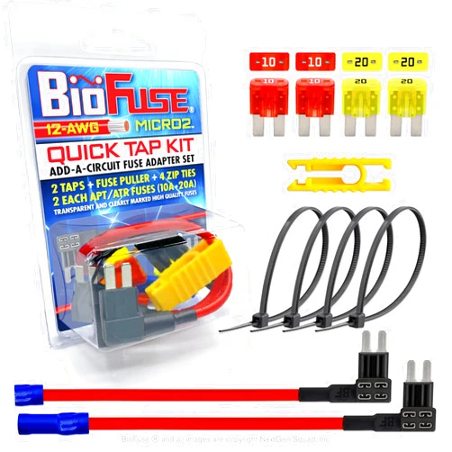 BIOFUSE 12 AWG Micro2 APT ATR Quick TAP KIT: 2 Add-A-Circuit Car Fuse Tap Adapters, 2 Each (10A 20A) Micro 2 Blade Fuses, 4 Zip Ties + Fuse Puller