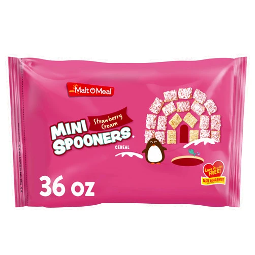 Malt-O-Meal Strawberry Cream Mini Spooners Shredded Wheat Cereal, Frosted Strawberry Breakfast Cereal Squares, Large Cereal for Family, 36 OZ Resealable Cereal Bag