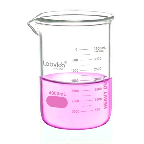 Labvida Heavy Duty Glass Beakers Vol.4000ml (135.3oz) thick-walled, 3.3 Boro Griffin Low Form with Double Scale Printed Graduation for Laboratories, Industries, Schools and Home use, LVAC016