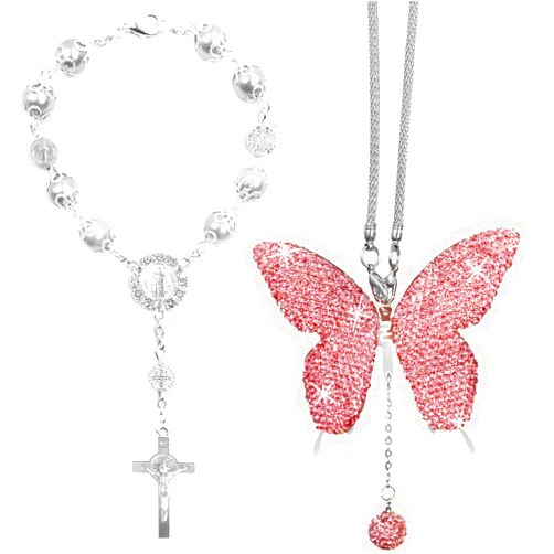 SENHAI 2 Pcs Rear View Mirror Accessories for Women, SENHAI Bling Butterfly Diamond Car Mirror Hanging Accessories and Rosary Beads Catholic Cross Car Decor, Home Decor Valentine's Day Gifts