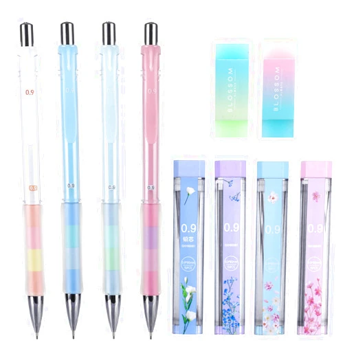 EXCELFU Mechanical Pencil, 4 Pieces 0.9 mm Mechanical Pencils with 4 Tubes 2B Lead Refills and 2 Pieces Erasers for Writing, Drawing, Signature, 4 Colors