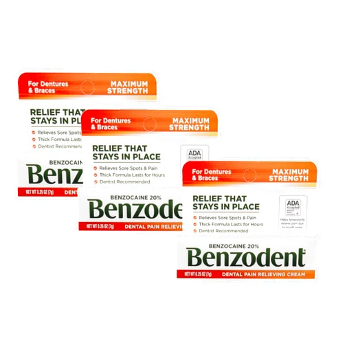 Benzodent Dental Pain Relieving Cream for Dentures and Braces, 0.25 oz tube (Pack of 3)