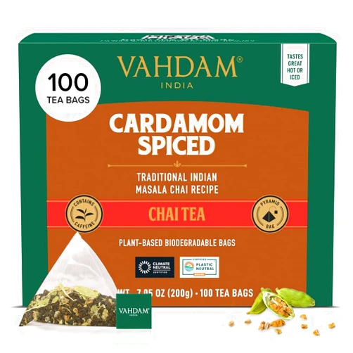VAHDAM, Cardamom Masala Chai Tea Bags (100 Count) Non GMO, Gluten Free, No Artificial Flavor | Blended w/Exotic Spices | Chai Tea | Resealable Ziplock Pouch