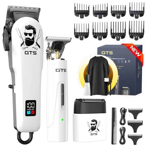 GTS PRO Hair Clippers for Men Professional Cordless Haircut Kit with Beard Trimmer Set, with IPX7 Electric Shavers, LED Display Rechargeable Barber Clippers for Home Use Gifts White