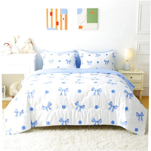 Wajade 7 Piece Blue Bow Comforter Set for Girls Kids Twin Size Bedding Set with Sheet and 2 Pillowcases 2 Pillow Shams Cute Girls Bed in a Bag as Birthday Choice