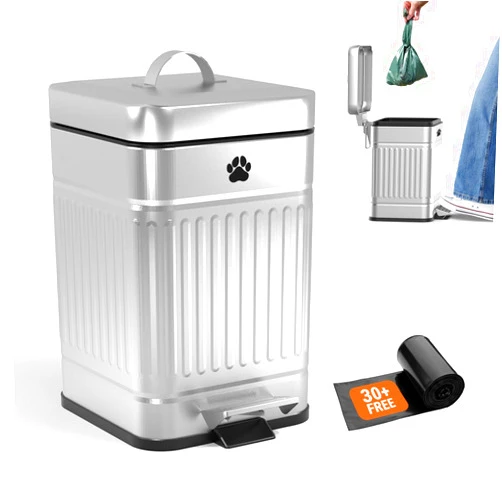 Pupzle Small Dog Poop Trash Can Outside, 1.3 Gal Metal Small Outdoor Trash Can with Lid for Dog Poop, Dog Waste Container with Pedal, Dog Poop Garbage Can, Dog Poop Trash Can, Backyard Odor Control (Steel)