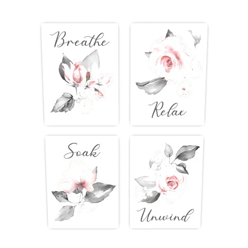 heilkee Pink Flower Wall Art Bathroom Grey Wall Decor Relax Soak Unwind Breathe Wall Pictures Bathroom Signs Set of 4(UNFRAMED 8x10in)