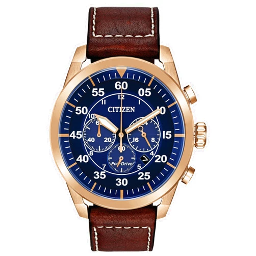 Citizen Men's Eco-Drive Chronograph Sport Casual Avion Watch, Rose Gold Stainless Steel with Brown Leather Strap, Blue Dial (Model: CA4213-18L)
