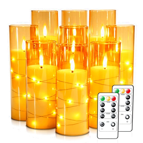 Raycare Flameless LED Candles with Embedded Star String, 9 Pcs Battery Operated Acrylic Pillar Candles with Timer and Remote, Flickering Candles for Romantic Ambiance and Home Decoration(Glod)