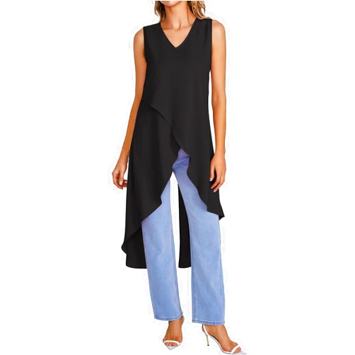 Rooscier Women's V Neck Sleeveless Wrap High Low Hem Longline Split Back Blouse Tank Top
