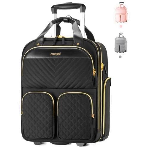 Arcoyard Underseat Carry On Luggage with Wheels, Multiple Compartments Airline Approved Personal Item Bag, Travel Carry-On with Leather Handle, Lightweight Rolling Suitcase for Women, Black Gold, L