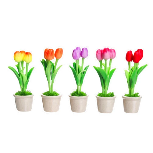 Ablossom Set 5 Tulips Mini Fridge Refrigerator Magnets Flower Clay Plants Miniature Tiny Flowerpot Model 1:12 Home Office Kitchen Decoration