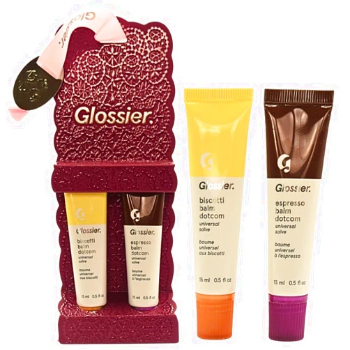 Glossier Limited Edition Balm Dotcom Duo - Holiday Lip Balm Set with Biscotti & Espresso Flavors, Moisturizing, Nourishing, Sheer Tints, 15mL Each.