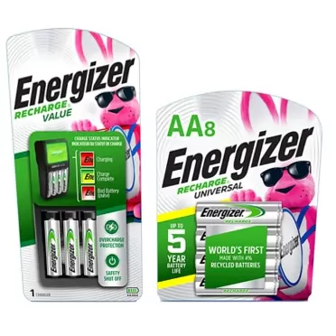 Energizer Rechargeable AA and AAA Battery Charger with 4 AA NiMH Rechargeable Batteries & Rechargeable AA Batteries, 2,000 mAh NiMH, Pre-Charged, Chargeable for 1,000 Cycles, 8 Count Value Charger Charger + Rechargeable AA Batteries
