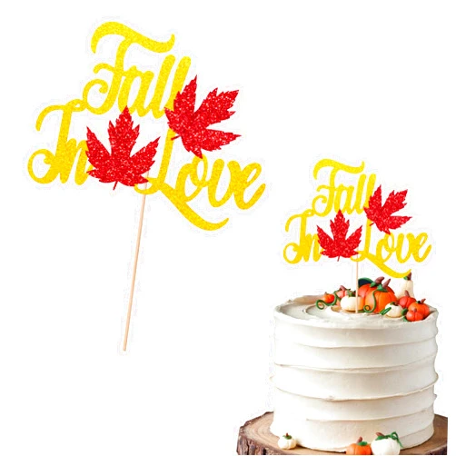Heyiminy Fall in Love Cake Topper - Glitter Gold Engagement Cake Topper,Fall Wedding, Bridal Shower Decoration - Fall Leaves Cake Topper for Autumn Wedding Anniversary Party Supplies