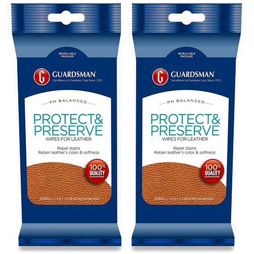 Guardsman Protect & Preserve Wipes For Leather 20 Wipes - Repels Stains, Retains Color and Softness, Great for Leather Furniture & Car Interiors - 2 Pack