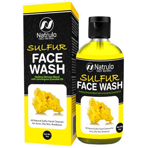Natrulo Sulfur Face Wash for Acne – All Natural Sulfur Facial Cleanser for Oily Skin, Breakouts – Healing Skincare Blend with Lemongrass Essential Oil – 4oz Mattifying Cleansing Soap Liquid, Made in USA