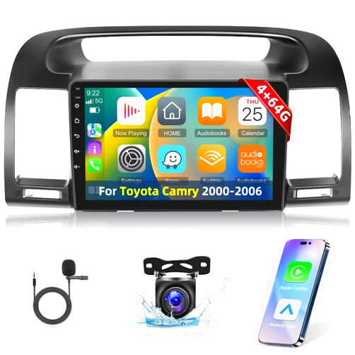 EKAT 4+64G Android Car Stereo for Toyota Camry 2000-2006 - 9 Inch HD Touchscreen Radio with Wireless Carplay & Android Auto - 32 EQ/WiFi/GPS/SWC + AHD Rear View Camera, MIC