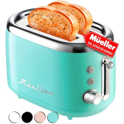 MÜELLERHOME Mueller Retro Toaster 2 Slice with 7 Browning Levels and 3 Functions: Reheat, Defrost & Cancel, Stainless Steel Features, Removable Crumb Tray, Under Base Cord Storage, Turquoise