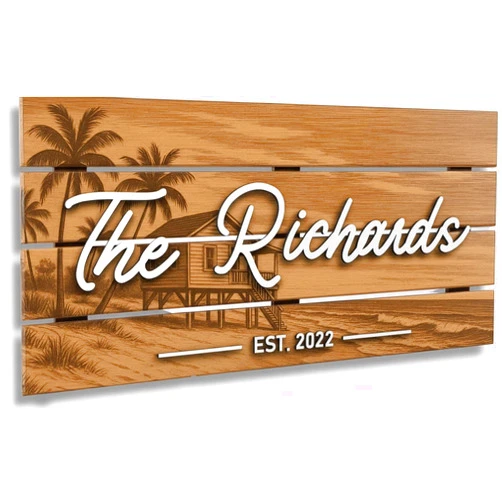 Aydan's unique finds Personalized 3D Rustic Beach House Sign - Custom Wood Last Name & Established Date Sign | Coastal Farmhouse Decor Wedding Gift for Couples | Seaside & Tropical Theme 28 * 13