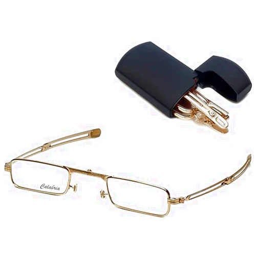 Calabria Mini Metal Folding Reading Glasses Corning Glass Lens Mens Womens Pocket Readers Travel Foldable Flip Top Hard Case