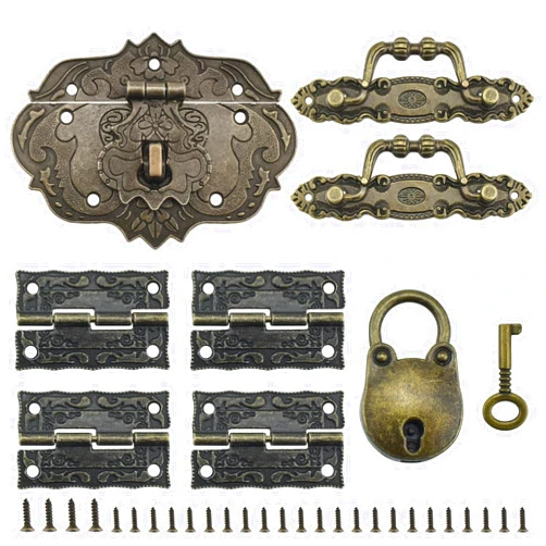 MARRTEUM 1 Set Jewelry Box Hinges Hasp Catch Handles Lock, Retro Engraved Decorative Hardware Kit with Screws for DIY Wooden Case Furniture Cabinet Suitcase Decoration and Repairs (Antique Bronze)