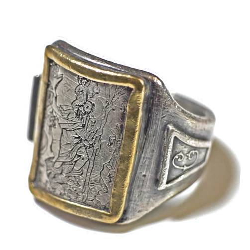 Studio S71 medieval woodcut inspired St. Christopher engraved vintage style silver ring