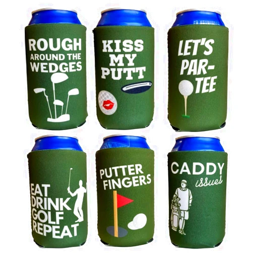 BREW PANTS Funny Golf Themed Coozies - Great Gift for Any Golfer - Premium Neoprene Material - 6 Pack (Standard 12oz Beer/Soda Can) (Design Set 2)