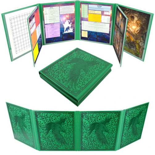 CASEMATIX DM Screen PU Leather 8-Panel Deluxe GM Screen - Eight Panel Folding Dungeon Master Screen with 2 Swinging Panels and Wet Erase Pockets for TTRPGs - Green, Inserts Not Included