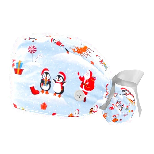 LIFH 2 Packs Working Cap with Buttons & Ribbon Tie for Women One Size Working Head Cover Surgery Cap Halloween Candy Ghost