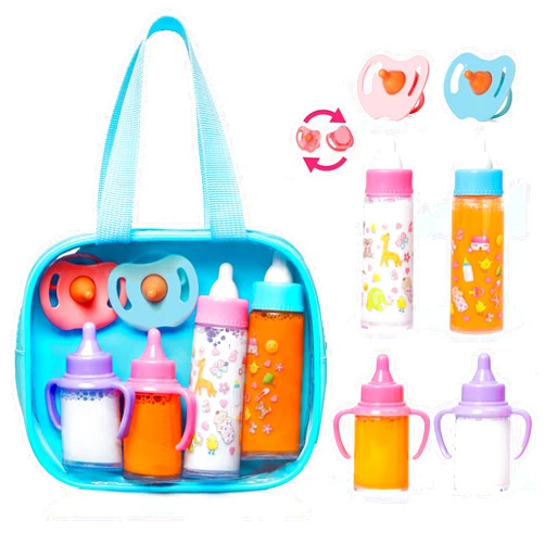 fash n kolor®, My Sweet Baby Disappearing Doll Feeding Set | Baby Care 6 Piece Doll Feeding Set for Toy Stroller | 2 Milk & Juice Bottles with 2 Toy Pacifier for Baby Doll (Blue Bag)