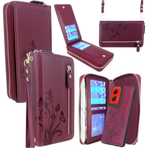 Lacass Wallet for Motorola Moto G Stylus 5G 2024, Crossbody Dual Zipper Detachable Magnetic Leather Wallet Case Cover Wristlets Wrist Strap 13 Card Slots Money Pocket (Floral Wine Red)