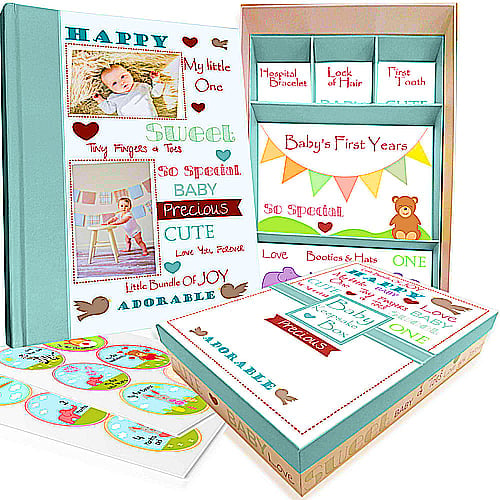 NEXT MOMMY Baby Memory Book w/Keepsake Box & 30 Monthly & Baby First Milestone Stickers - Gender Neutral First Year Scrapbook Journal - Baby Photo Album for Boys & Girls