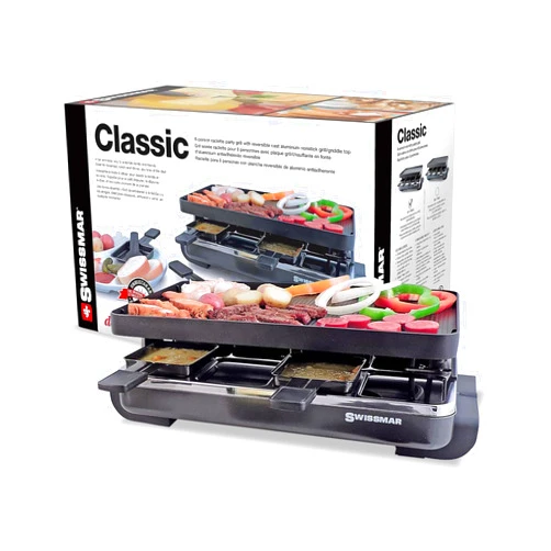 Swissmar Classic 8-Person Raclette Party Grill with Reversible Cast Aluminum Non-Stick Grill Plate/Crepe Top, Indoor Electric Raclette Grill & Griller - Black Grill Plate - Black