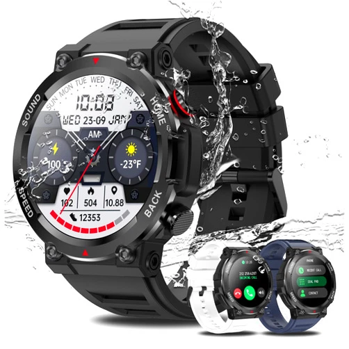 Iaret Military Smart Watches for Men IP68 Waterproof Rugged Bluetooth Call(Answer/Dial Calls) 1.39'' Fitness Watch Tracker for Android iOS Outdoor Sports, Black