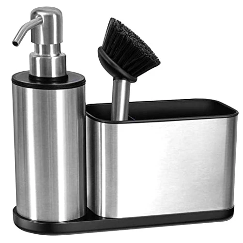 ODesign Bathroom Dish Soap Dispensers with Caddy (A Spare Brush Included) Kitchen Sink Organizer Sponge Holder for Countertop Stainless Steel - Rustproof