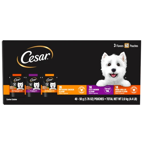 Cesar Filets in Gravy Wet Dog Food Filet Mignon Flavor, Rotisserie Chicken Flavor, and Wood-Grilled Chicken Flavor Variety Pack, 1.76 oz. Mini-Pouches, 40 Pack
