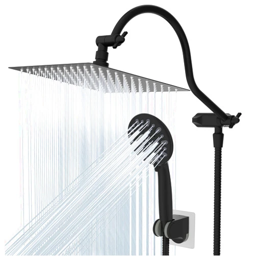 Hibbent All Metal High Pressure Rainfall 10 Inch Shower Head/Handheld Showerhead Combo/ 12 Inch Adjustable Curved Shower Extension Arm, 7-Spray, 71-inch Hose, Adhesive Showerhead Holder, Matte Black